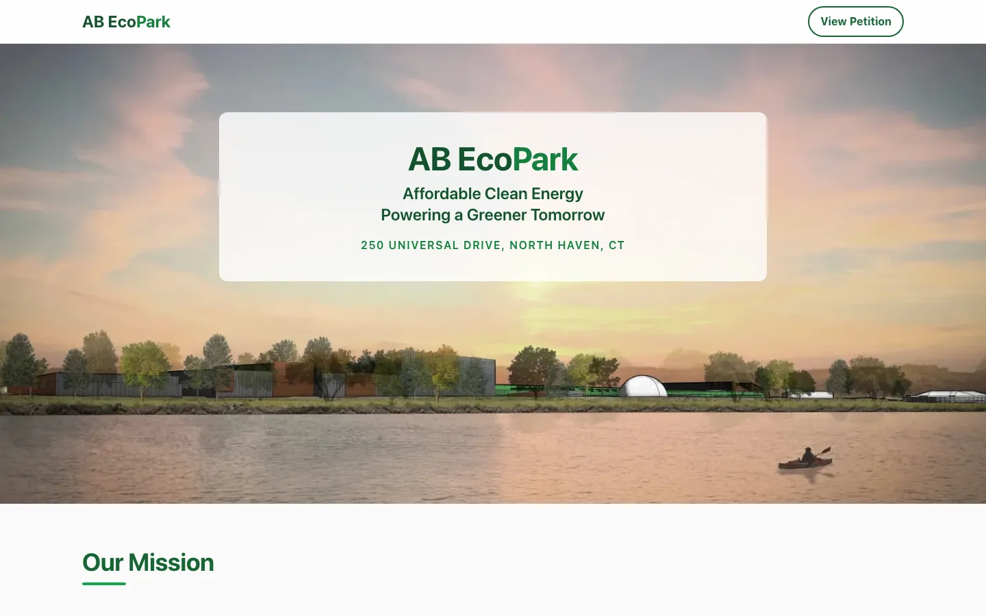 AB EcoPark homepage with a rendering of the facility on the North Haven waterfront at sunset