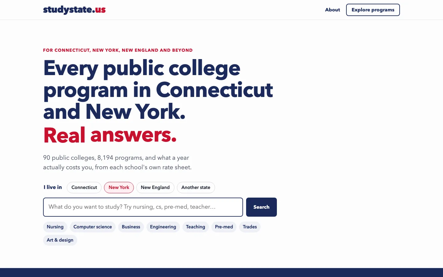 studystate.us homepage: Every public college program in Connecticut and New York. Real answers.